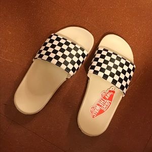 White Checkered Vans Slides